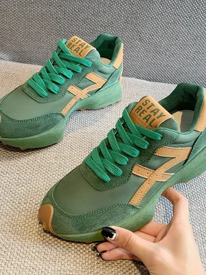 Green Leather Platform Sneakers Anti-Slip