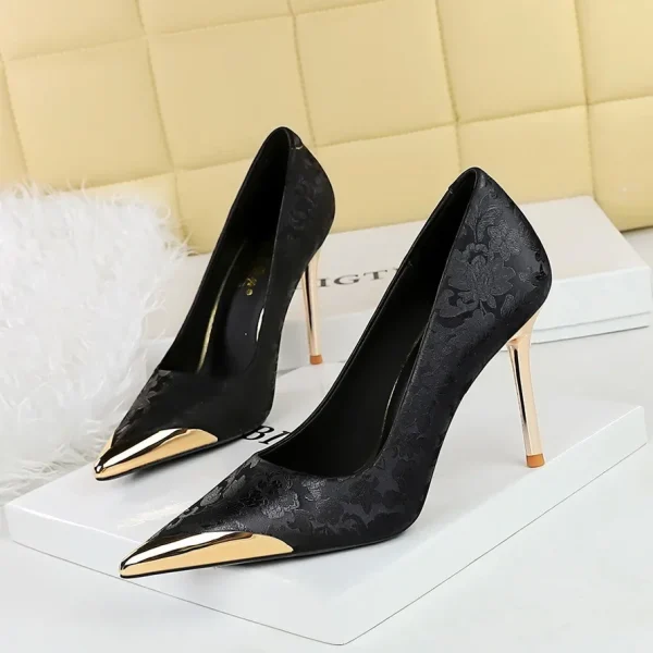 Golden Metal Heels Satin Pointed Toe Pumps - Image 2