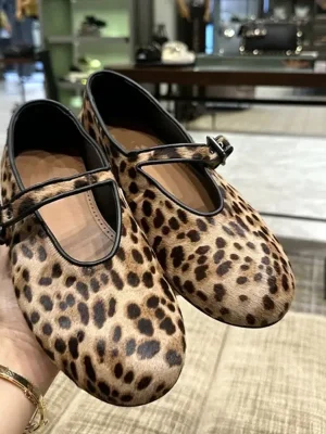 Leopard Suede Buckle Mary Jane Flats