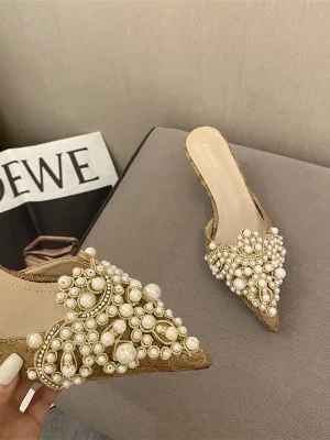 Pearl Pointed Mules Mid Heel Slippers