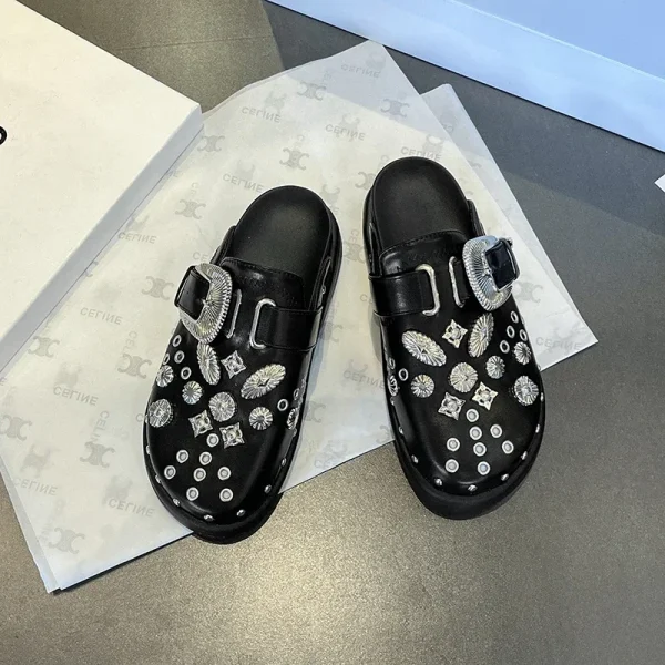 Rivet Platform Leather Mules Punk Slides - Image 4