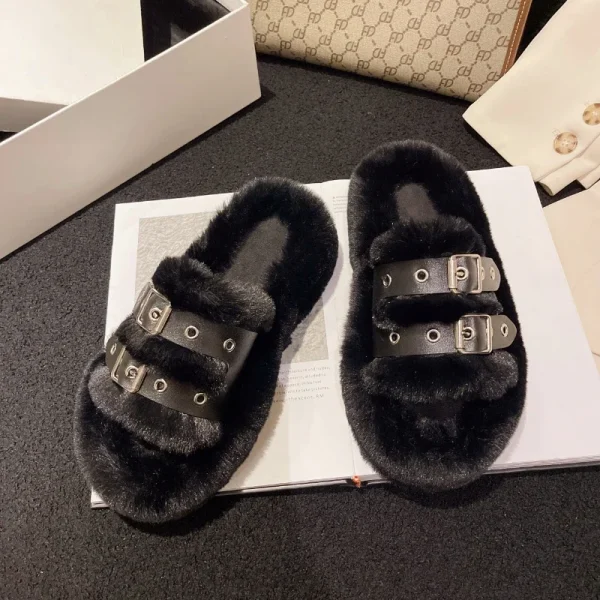 Fur Platform Slippers Warm Belt Buckle Slides - Image 3