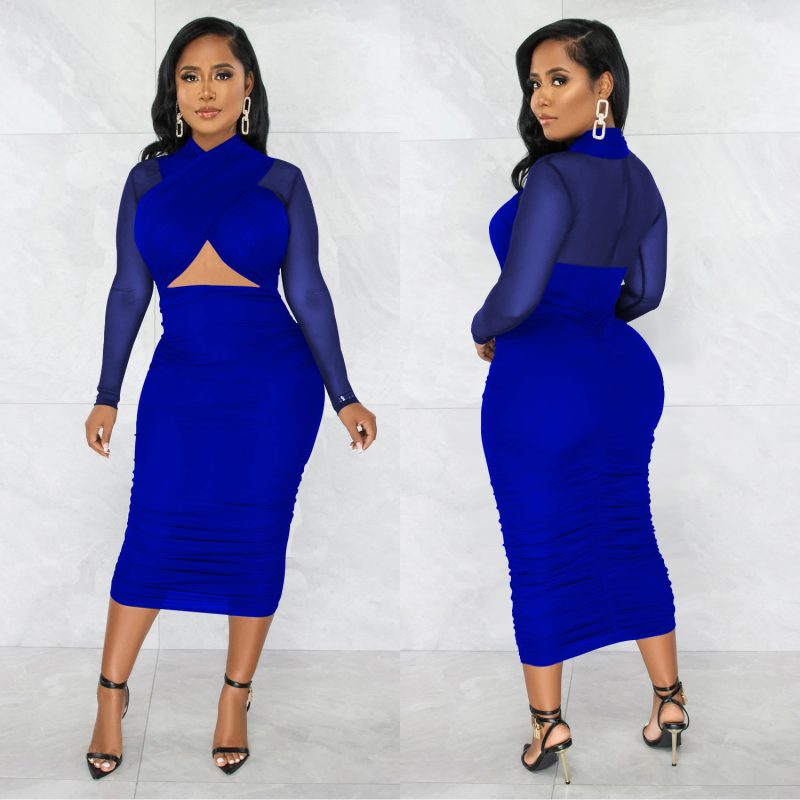 Solid Color Mesh Long Sleeve Cropped Dress - Image 3