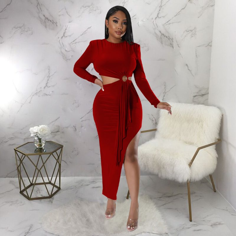 Sexy Waist Cutout Round Neck Autumn Dress