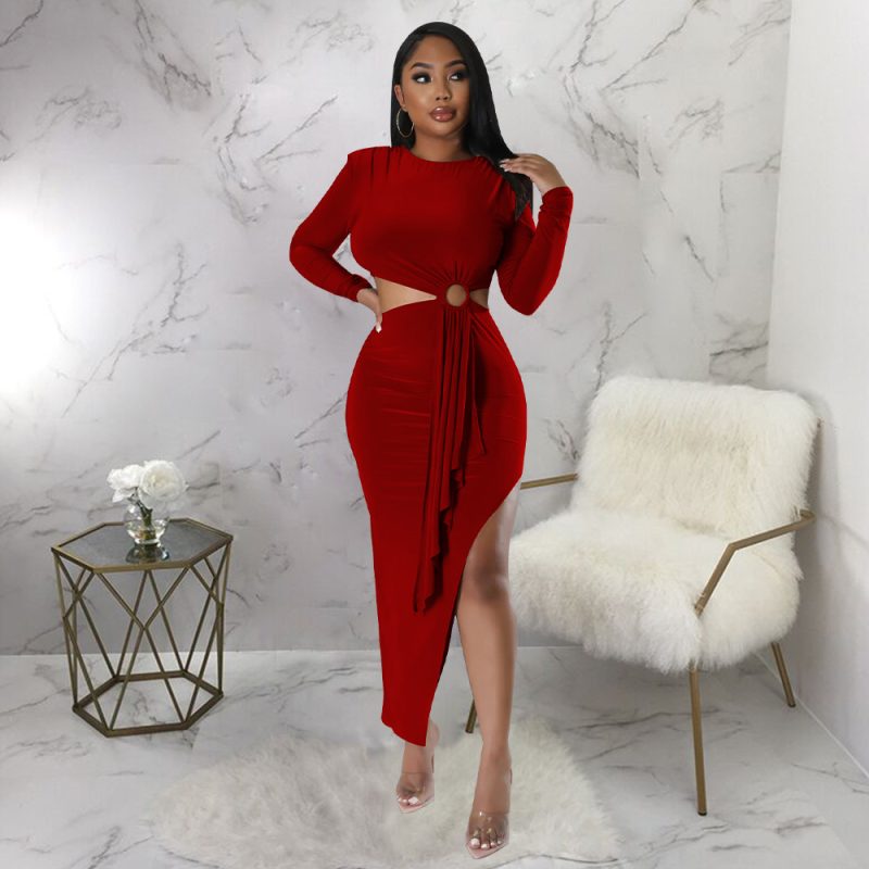 Sexy Waist Cutout Round Neck Autumn Dress - Image 2