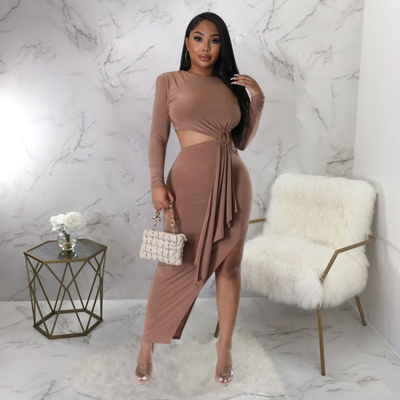 Sexy Waist Cutout Round Neck Autumn Dress - Image 4