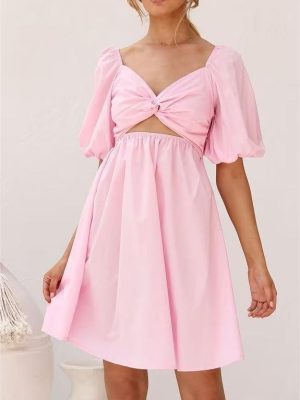 Pink Cotton Criss-Cross Cutout Sexy Dress