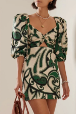 Fresh Printed Square Collar Slim A-Line Dress