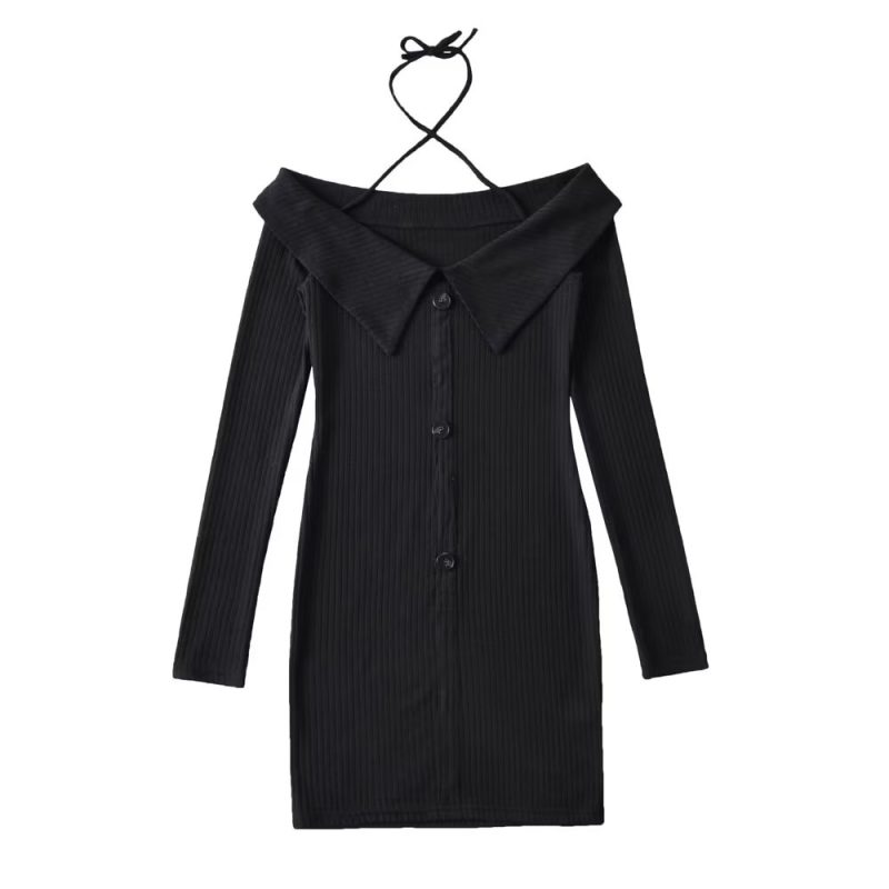 Women's Spring Knitted Off-Shoulder Halter Button Dress - Image 2