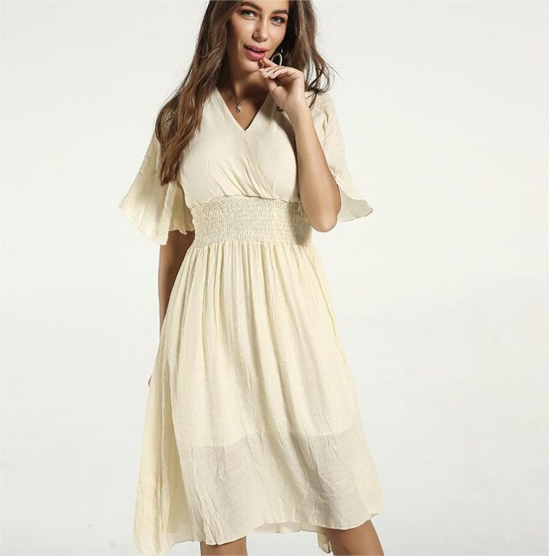 Solid Color V-Neck Waist Controlled Sleeves Dress