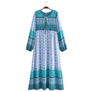 Bohemian Printed V-Neck Long Sleeve Dress Women