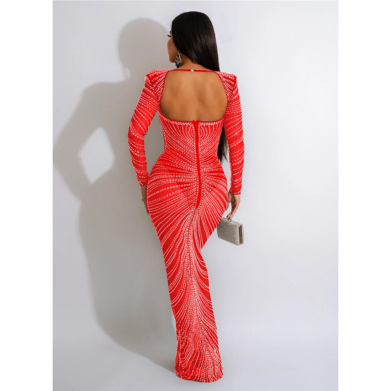 See-Through Mesh Long Sleeve Rhinestone Dress - Image 2