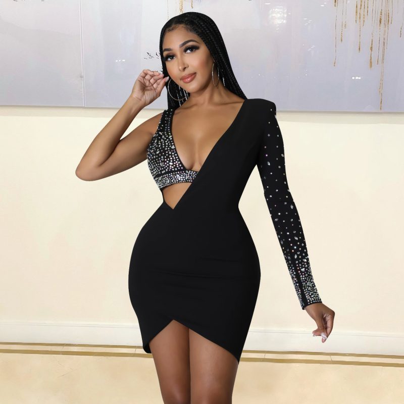 Sexy Rhinestone One-Shoulder Tight Summer Dress