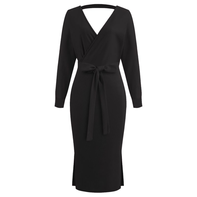 Sexy V Neck Lace-Up Long Sleeve Dress - Image 4