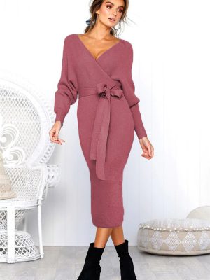 Sexy V Neck Lace-Up Long Sleeve Dress