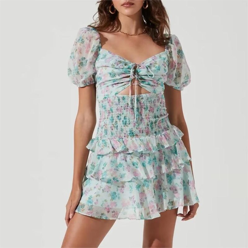 Sexy Floral Puff Sleeve Drawstring Dress