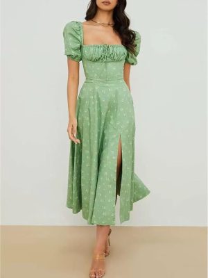 French Retro High-Waist Lace-Up Floral Maxi Dress