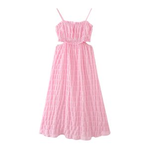 Pink A-Line Midi Waist-Controlled Sling Dress
