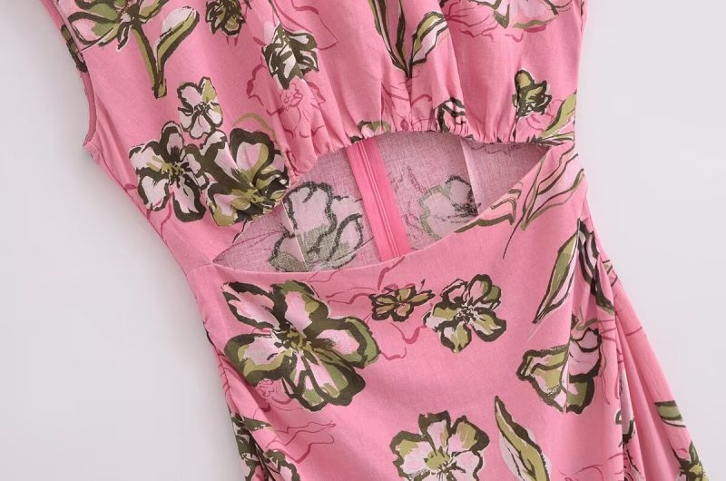French Linen Blended Printed Hollow Out Dress - Image 3
