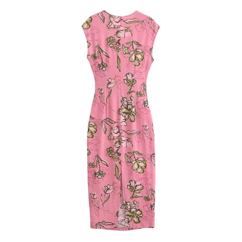 French Linen Blended Printed Hollow Out Dress - Image 4