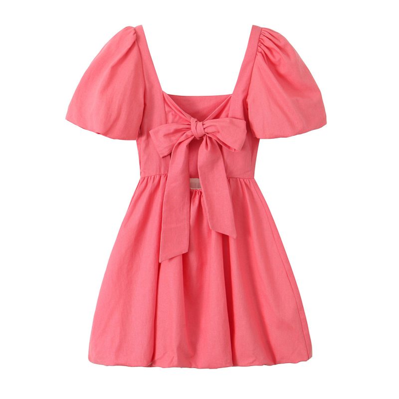 Summer Linen Blend Mini Dress with Bowknot - Image 2