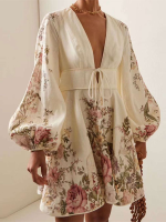 V-Neck Floral Print Waist-Controlled Short Dress
