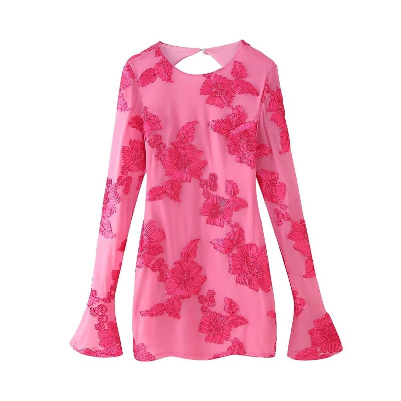 Women's Fall Round Neck Backless Floral Cutout Long Sleeve Dress