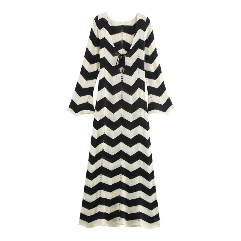 Long Sleeve Knitted Lace Cutout Dress Women