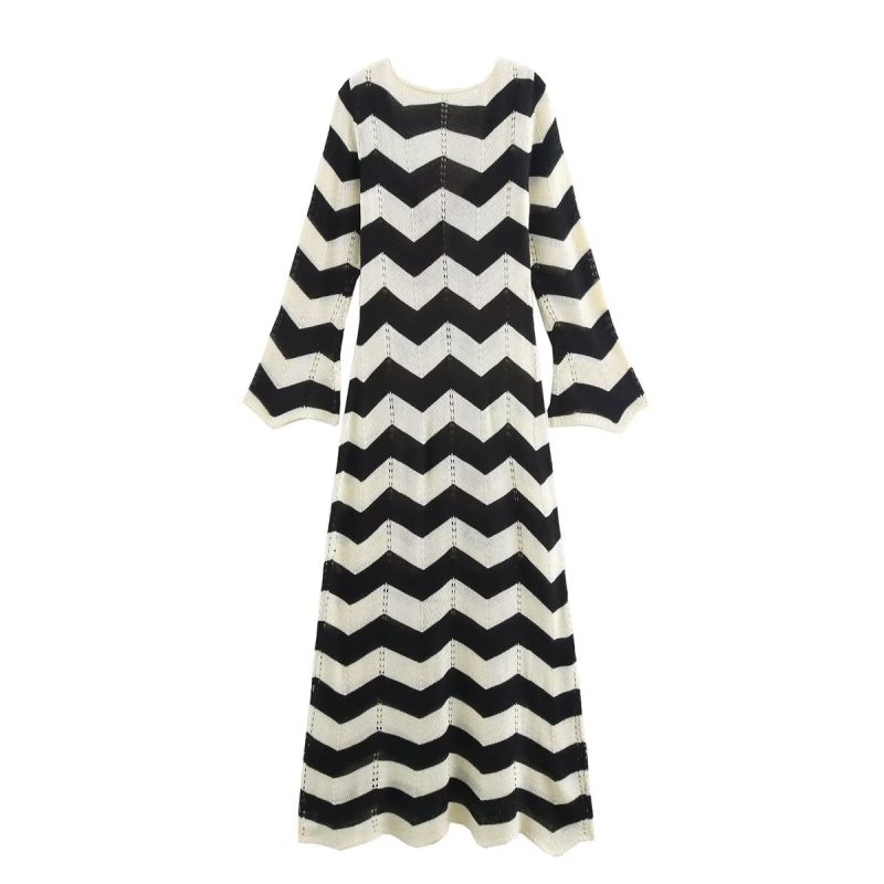 Long Sleeve Knitted Lace Cutout Dress Women - Image 2