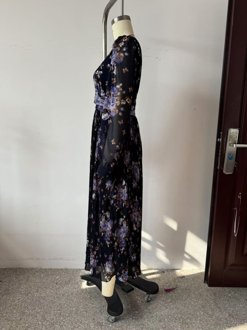 Spring Summer High Waist V-Neck Pleated Print Dress - Image 2