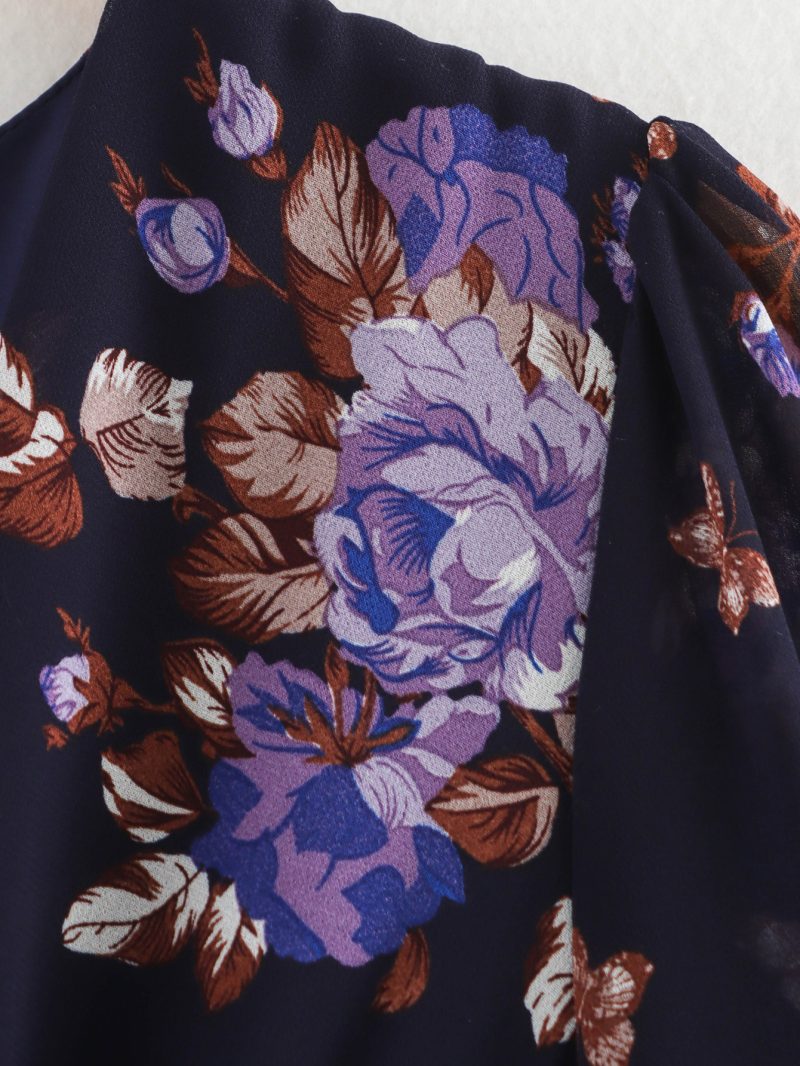 Spring Summer High Waist V-Neck Pleated Print Dress - Image 3