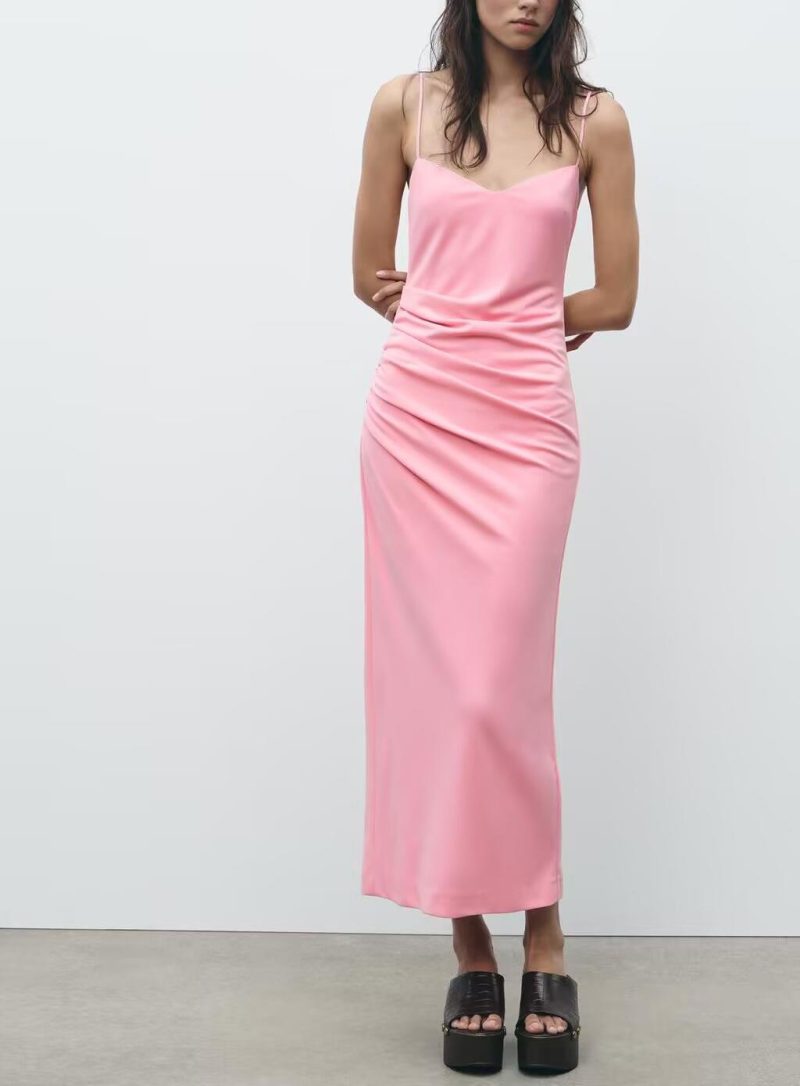 French Pleated Sling Midi Dress – Elegant Women's Style