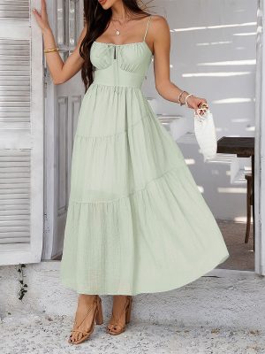 Solid Color High-Waist Sling Dinner Dress – Spring Summer Vacation Style