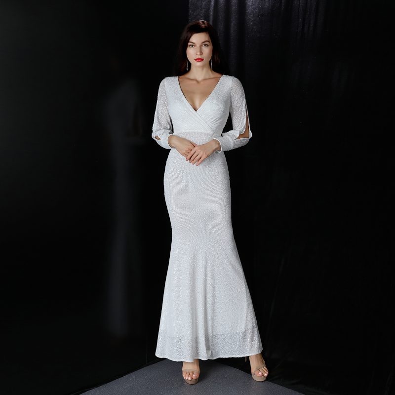 Women's Elegant Long Sleeve Sequined Fishtail Evening Dress - Image 2
