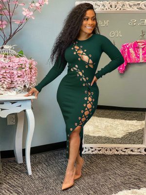 Sunken Stripe Hollow Out Cutout Strap Sexy Dress