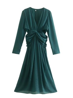 Elegant V-Neck Long Sleeve Pleated A-Line Dress