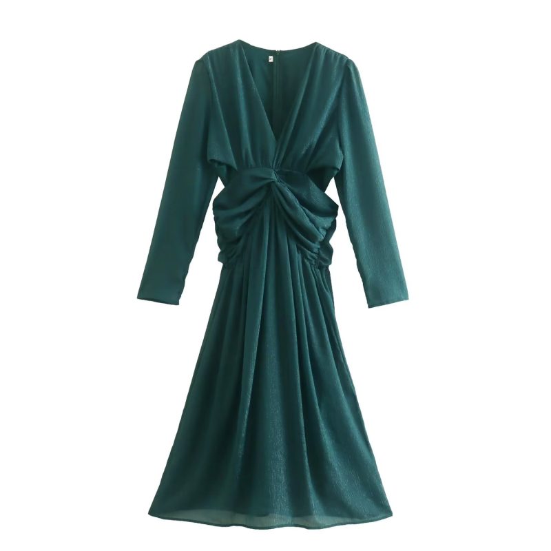 Elegant V-Neck Long Sleeve Pleated A-Line Dress