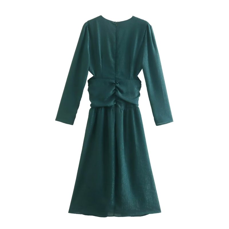 Elegant V-Neck Long Sleeve Pleated A-Line Dress - Image 2
