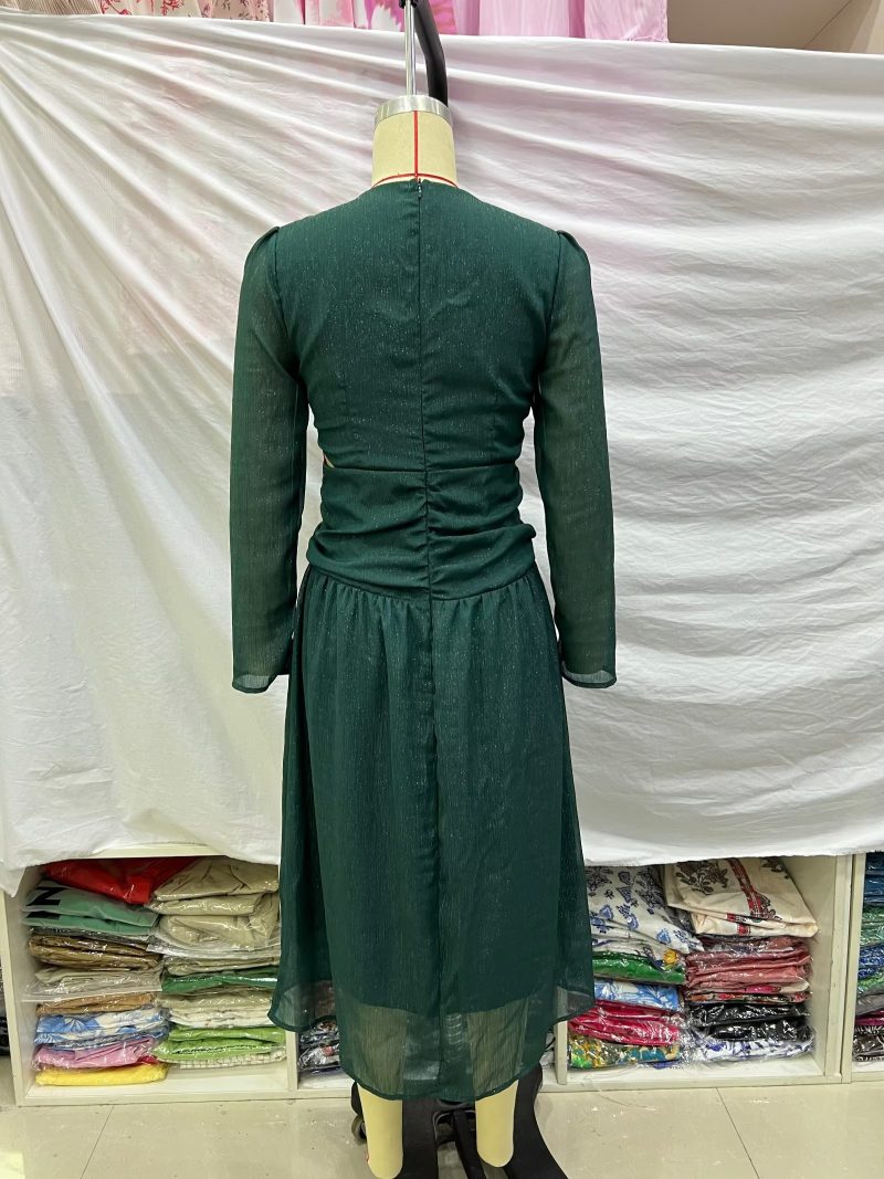 Elegant V-Neck Long Sleeve Pleated A-Line Dress - Image 3
