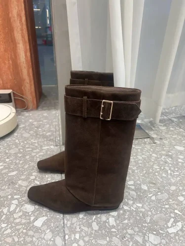 Women's Slope Heel Small Square Head Middle Boots Belt Buckle Sleeve Large Skirt Boots Calf Boots photo review