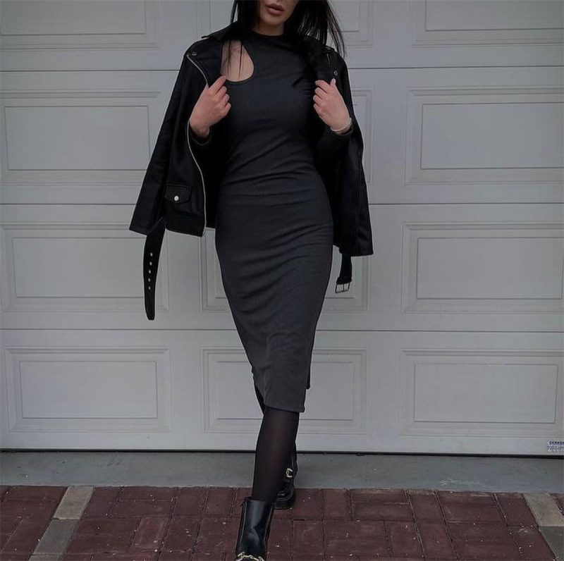 Sexy Hollow Out Round Neck Ribbed Dress - Image 4