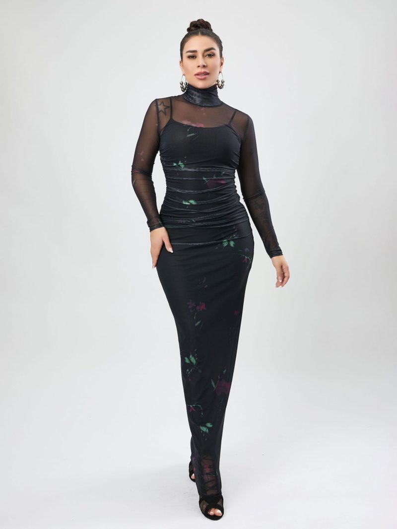 Autumn Printed Mesh Turtleneck Long Sleeve Maxi Dress - Image 2