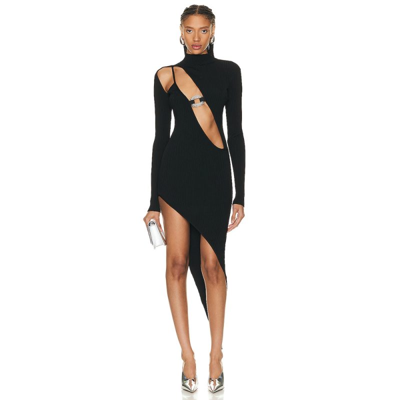 Diamond Decorated Hollow Out Asymmetric Bandage Dress