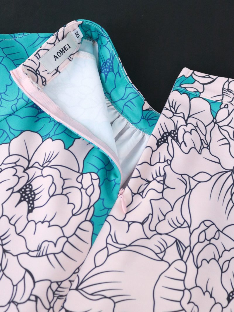 Aomei Printed Small Stand Collar Hollow Out Sleeve Dress - Image 4