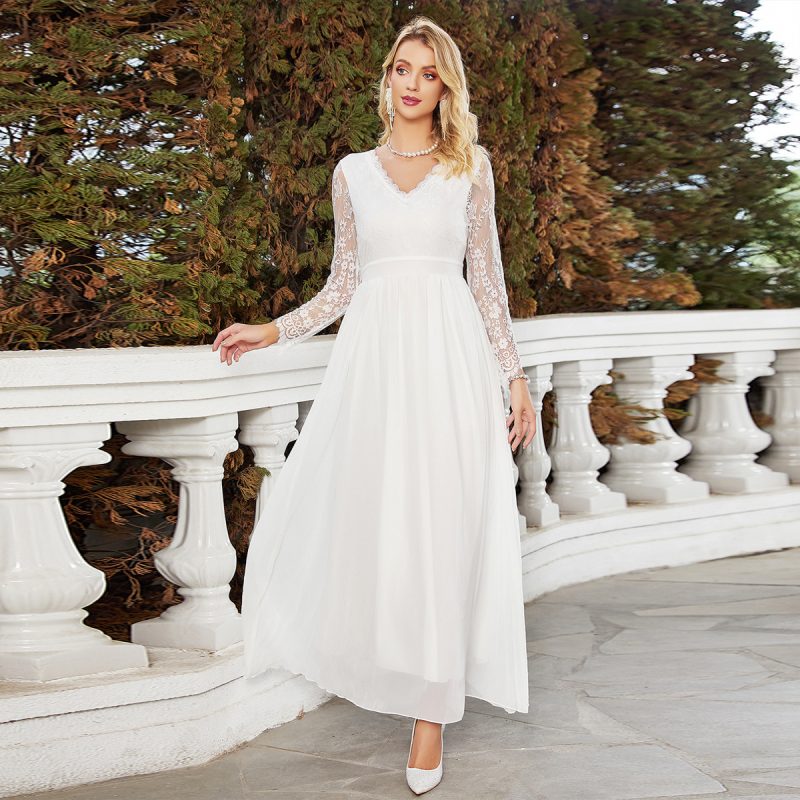 Chiffon Lace V-Neck Slim White Wedding Dress