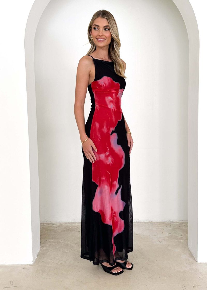 Spring Summer Floral Print Contrast Color Maxi Dress - Image 2