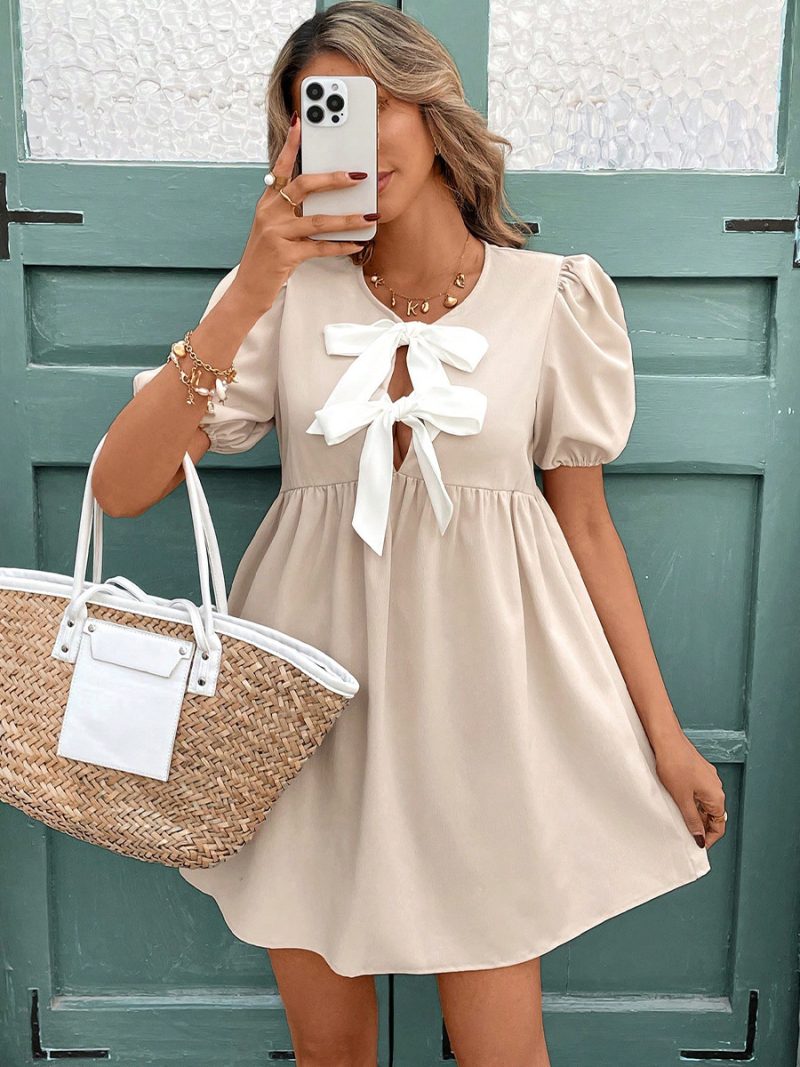 Summer A-Line Dress – Bow Collar Short Sleeve Style - Image 3