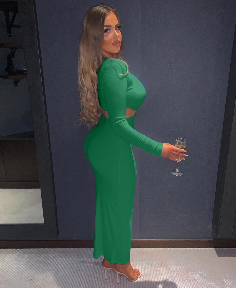 Solid Color V-Neck Hollow Out Slim Dress - Image 3