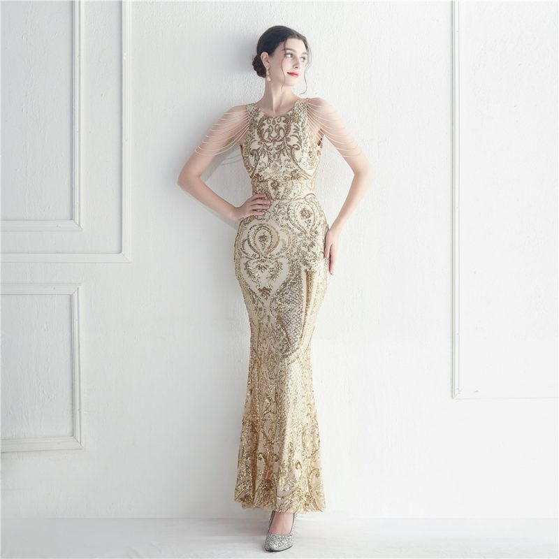 Floral Sequin Beaded Star Wedding Prom Dress