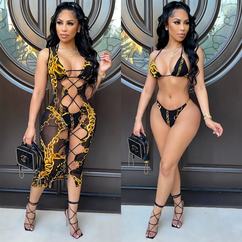 Women’s Three-Piece Mesh Floral Print Cutout Swimsuit
